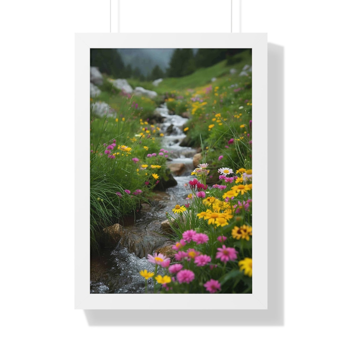 Pink and Yellow Wildflowers by the Stream Framed Vertical Poster
