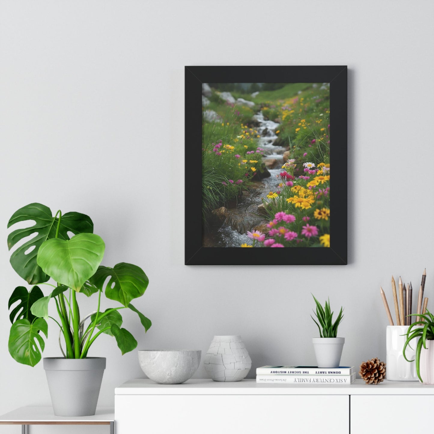 Pink and Yellow Wildflowers by the Stream Framed Vertical Poster