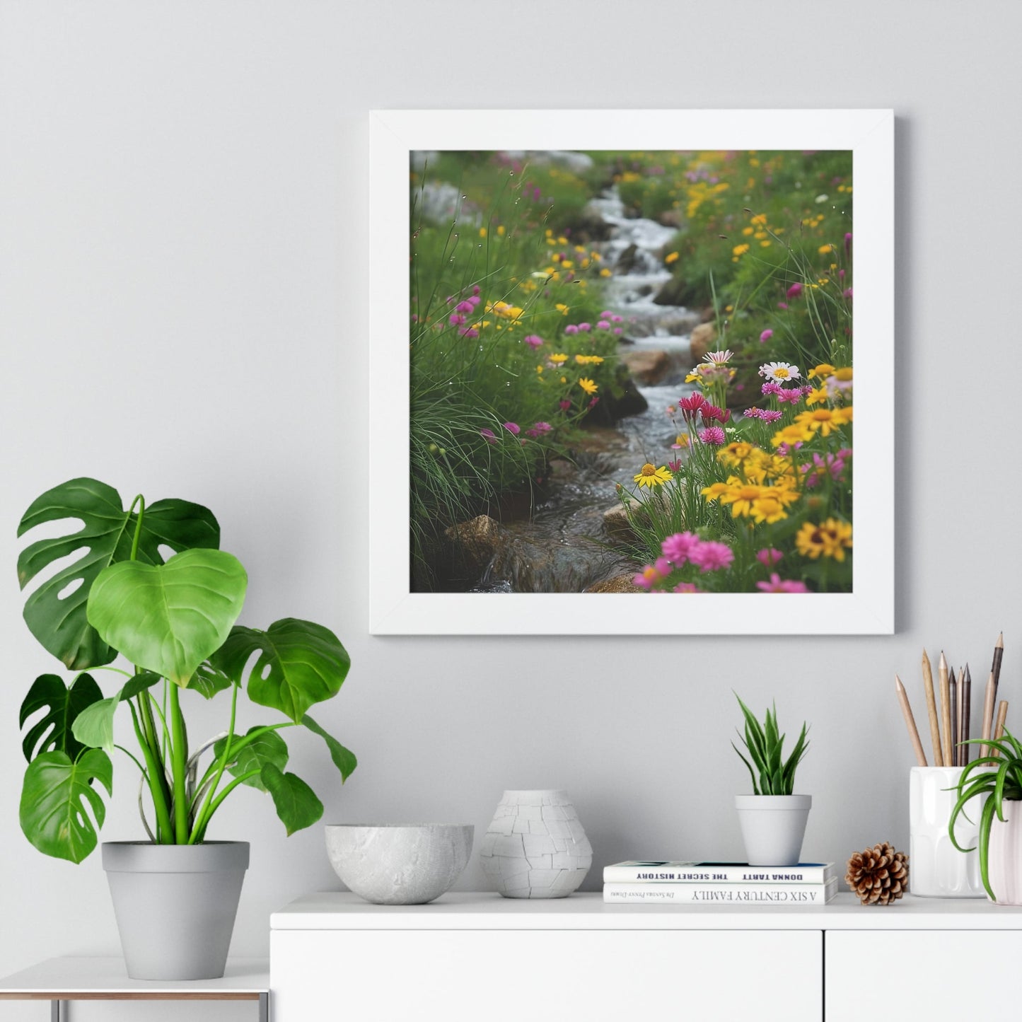 Pink and Yellow Wildflowers by the Stream Framed Vertical Poster