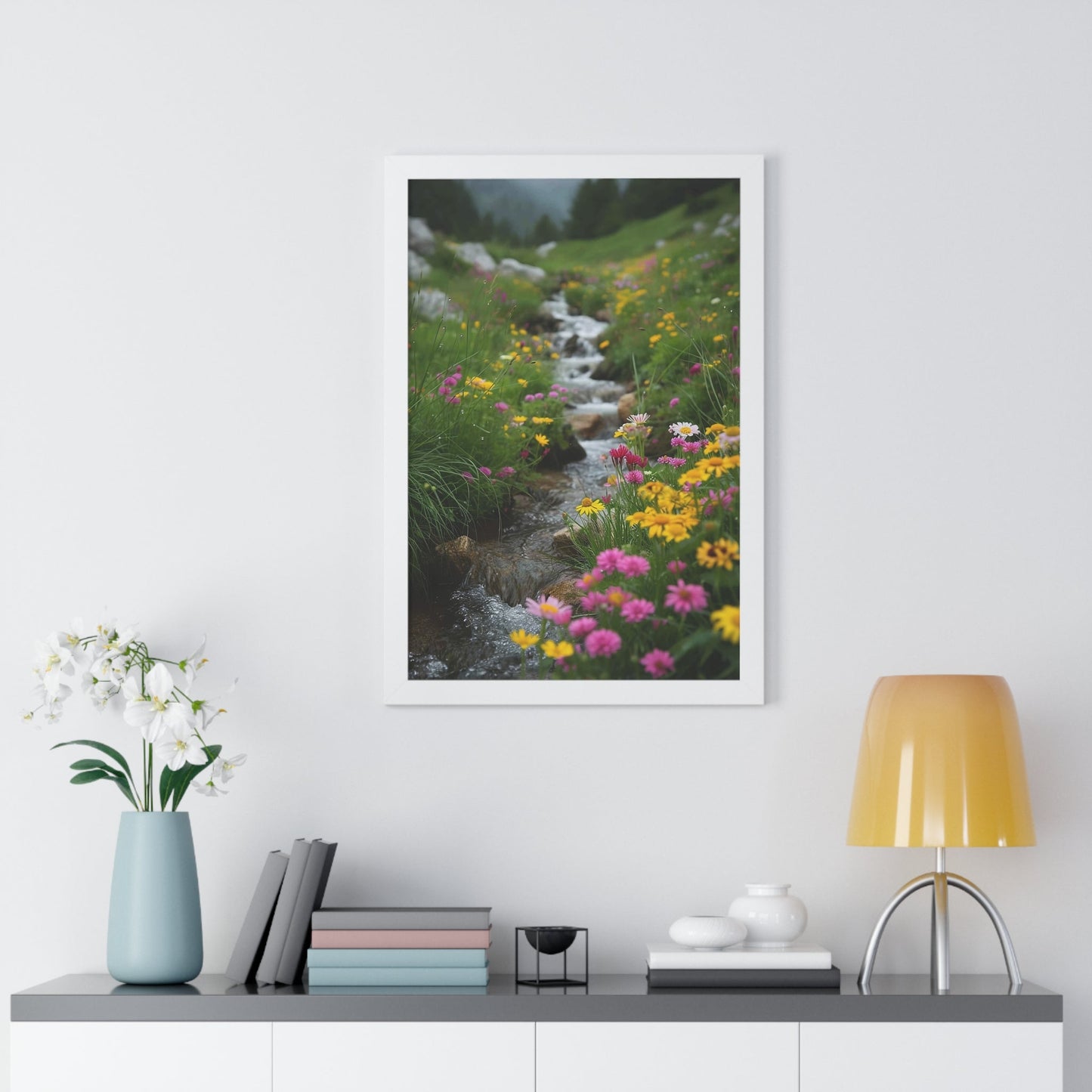 Pink and Yellow Wildflowers by the Stream Framed Vertical Poster