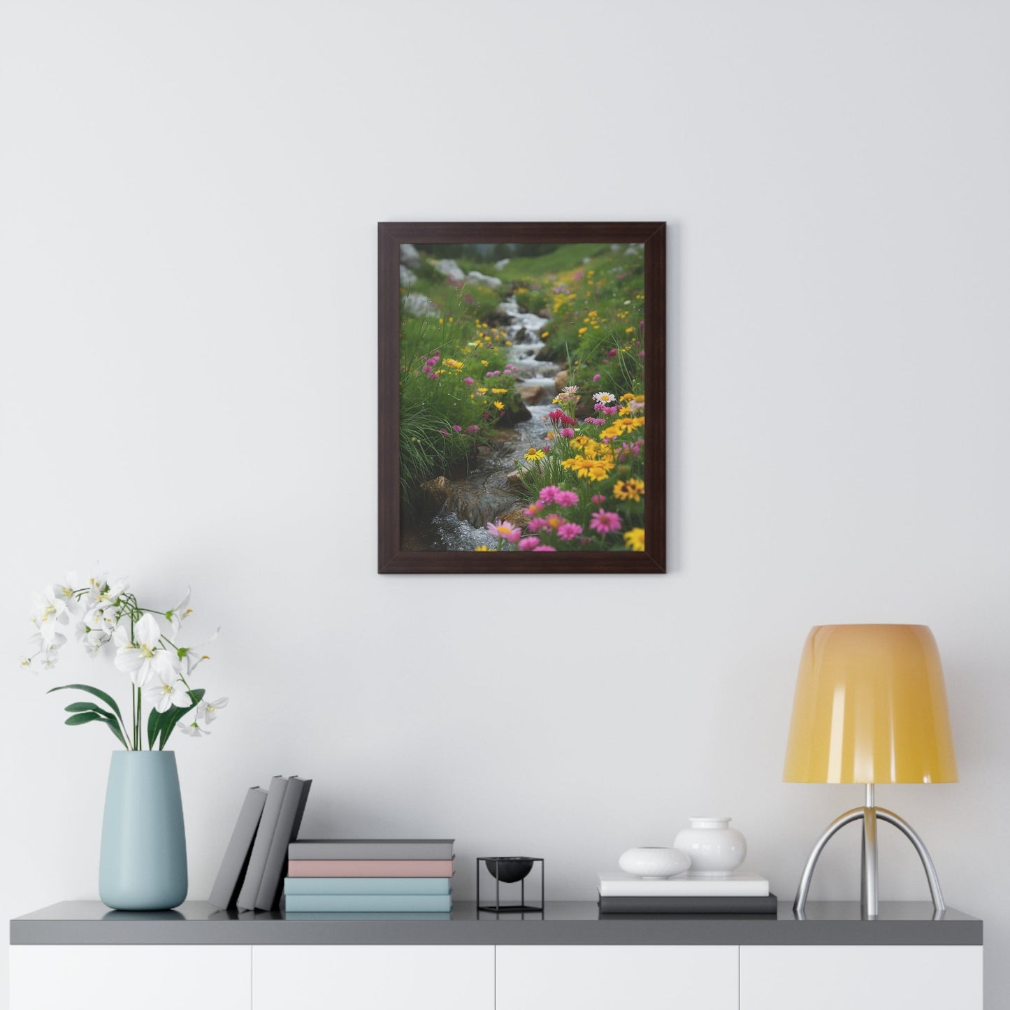 Pink and Yellow Wildflowers by the Stream Framed Vertical Poster