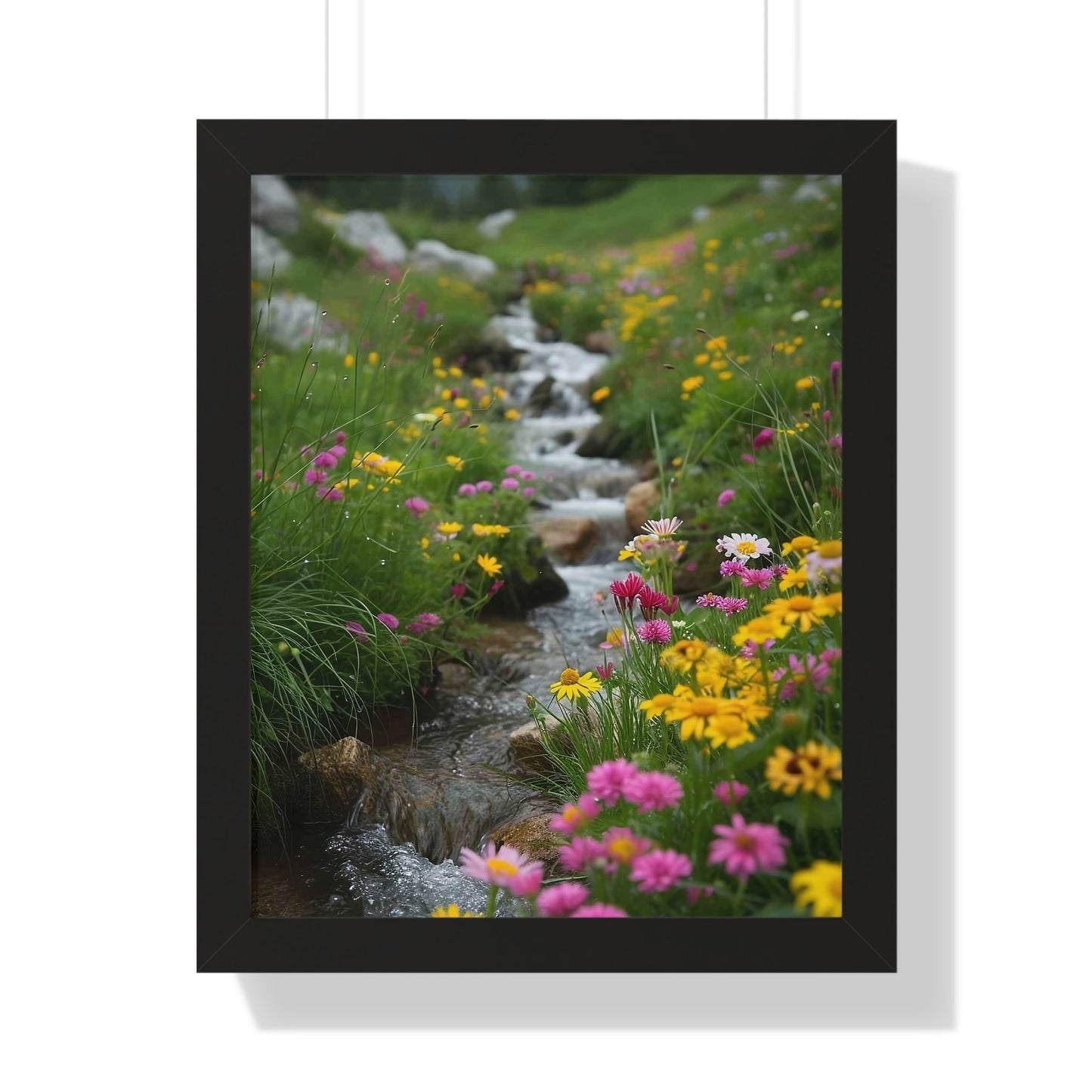 Pink and Yellow Wildflowers by the Stream Framed Vertical Poster