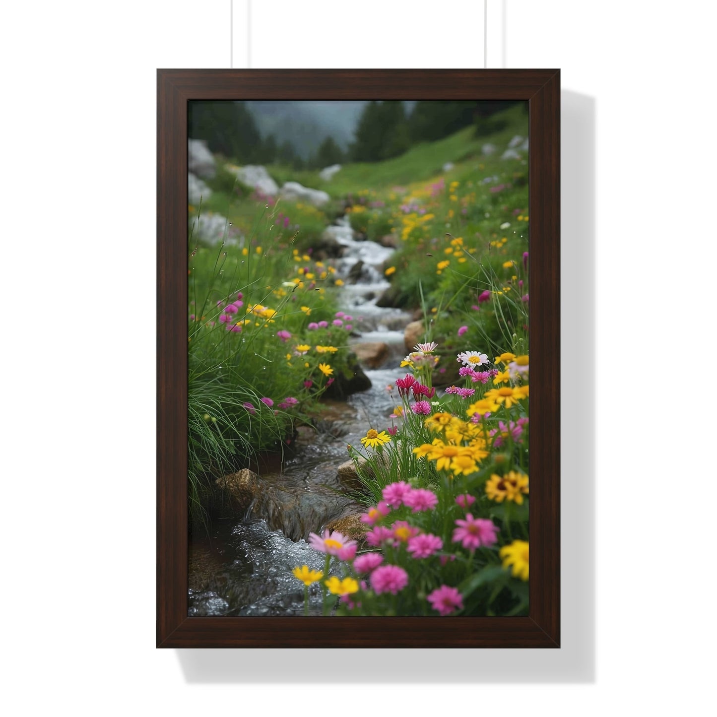 Pink and Yellow Wildflowers by the Stream Framed Vertical Poster