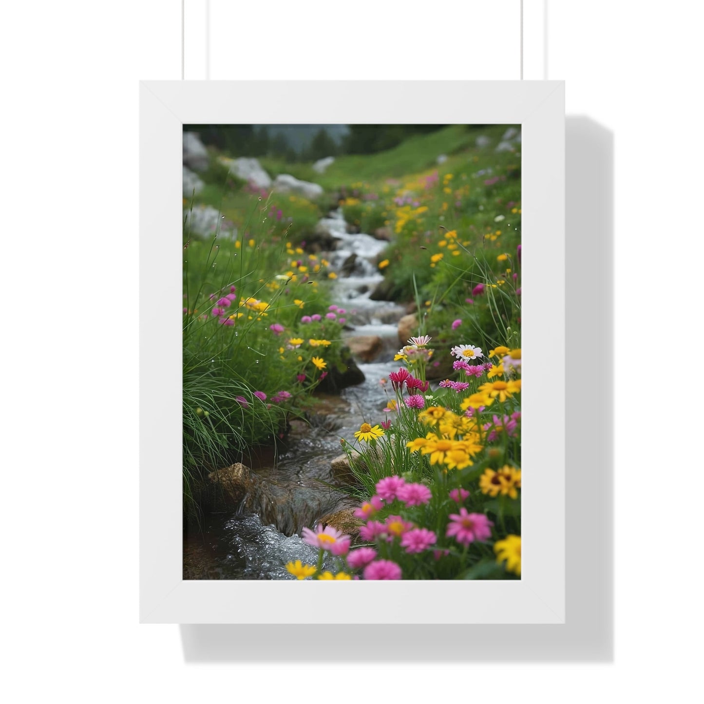 Pink and Yellow Wildflowers by the Stream Framed Vertical Poster