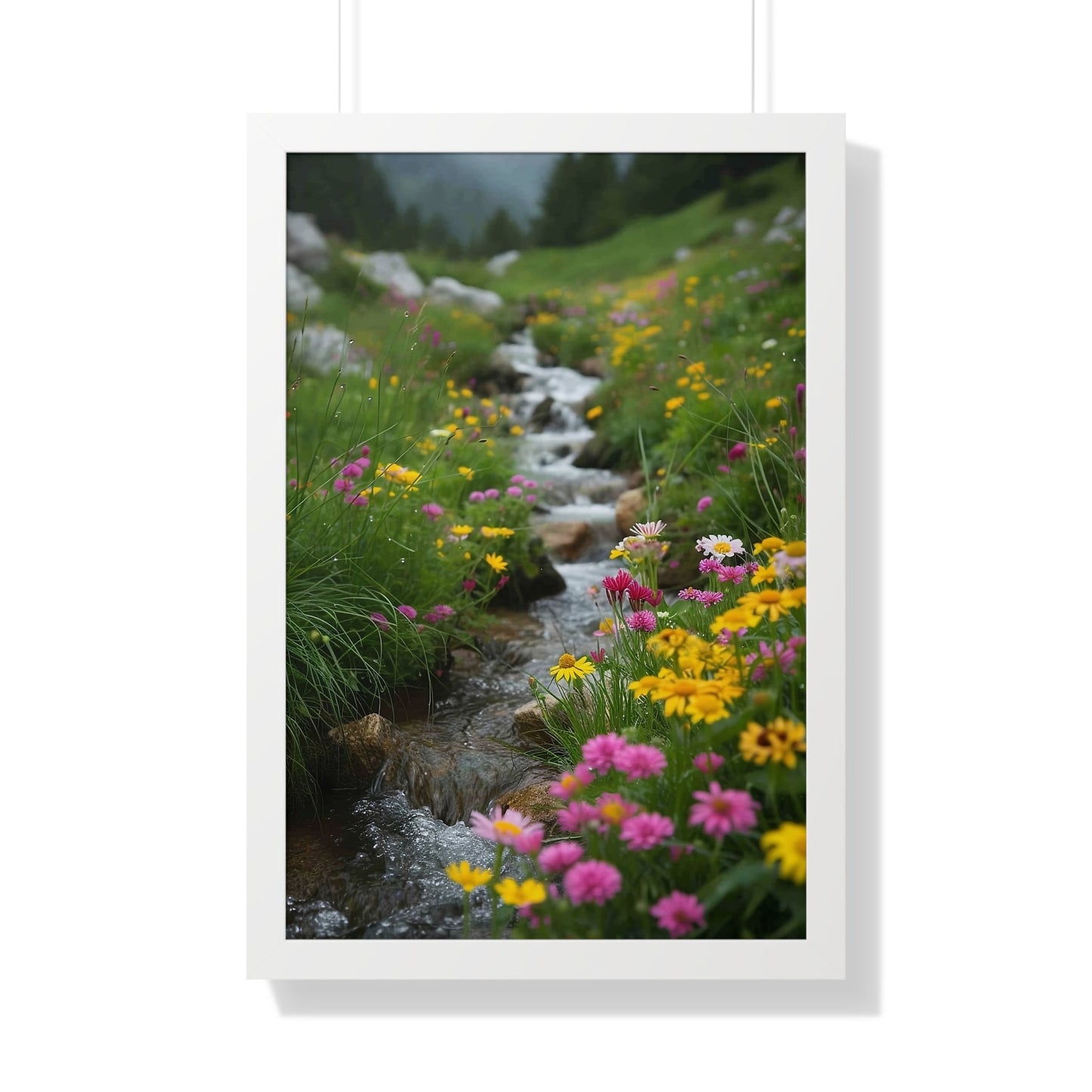 Pink and Yellow Wildflowers by the Stream Framed Vertical Poster