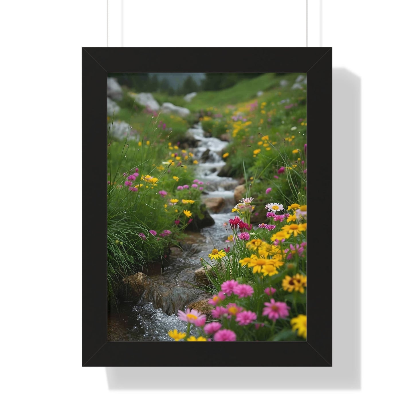 Pink and Yellow Wildflowers by the Stream Framed Vertical Poster