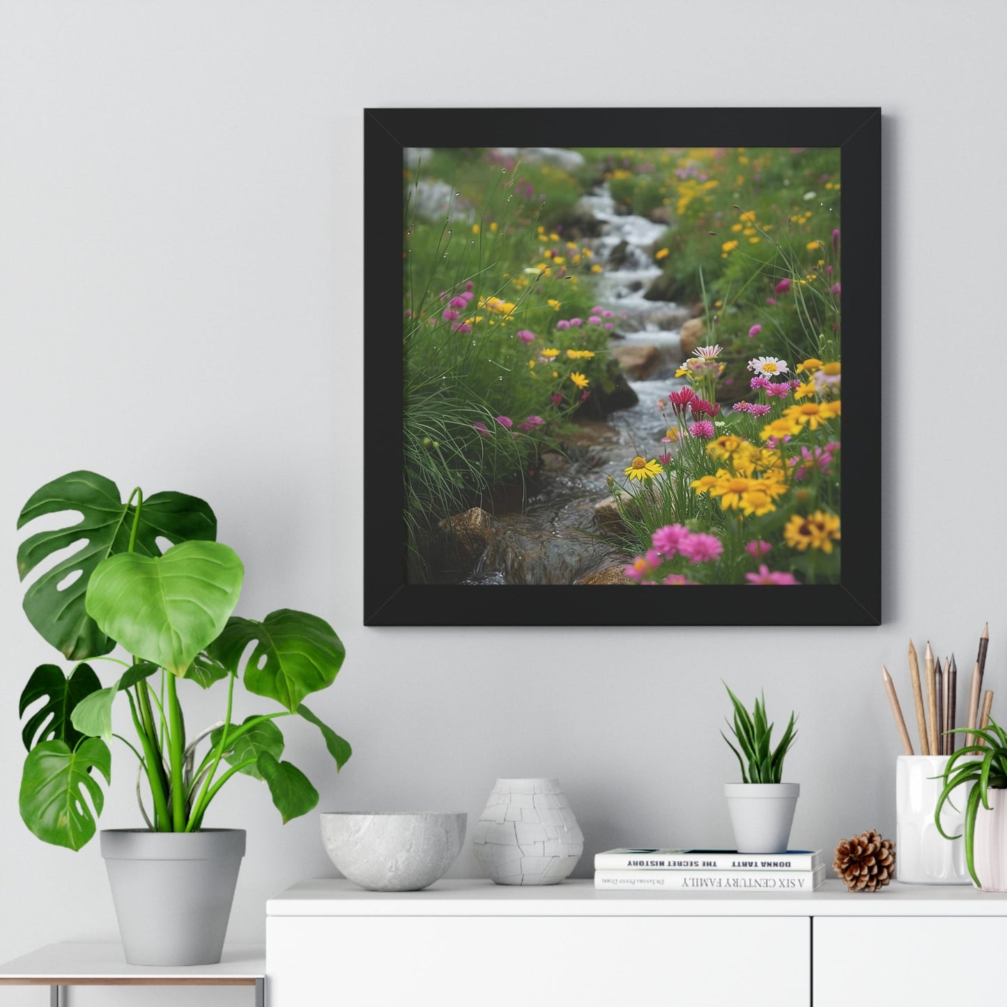 Pink and Yellow Wildflowers by the Stream Framed Vertical Poster