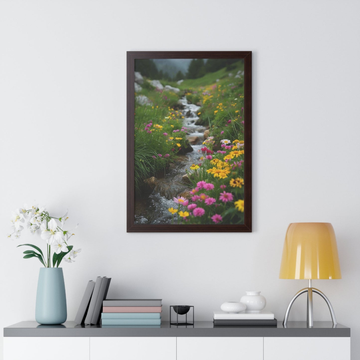 Pink and Yellow Wildflowers by the Stream Framed Vertical Poster