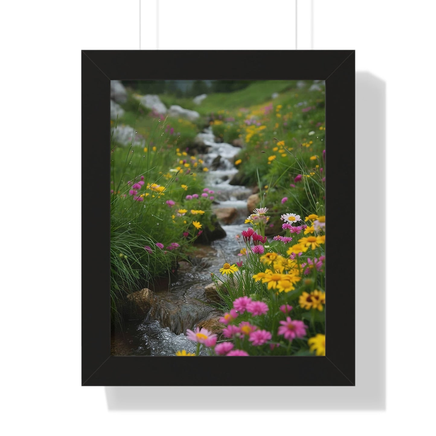 Pink and Yellow Wildflowers by the Stream Framed Vertical Poster