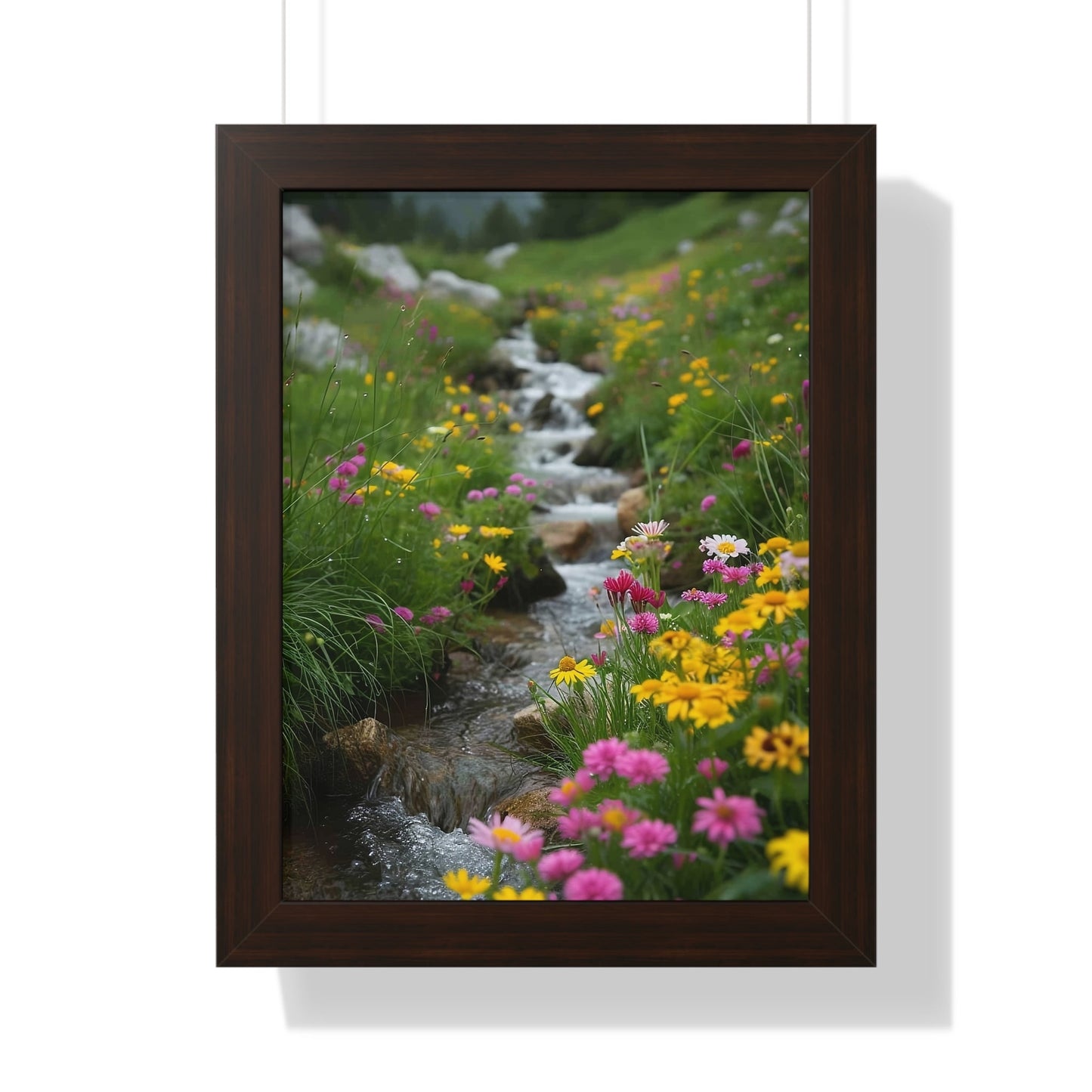 Pink and Yellow Wildflowers by the Stream Framed Vertical Poster