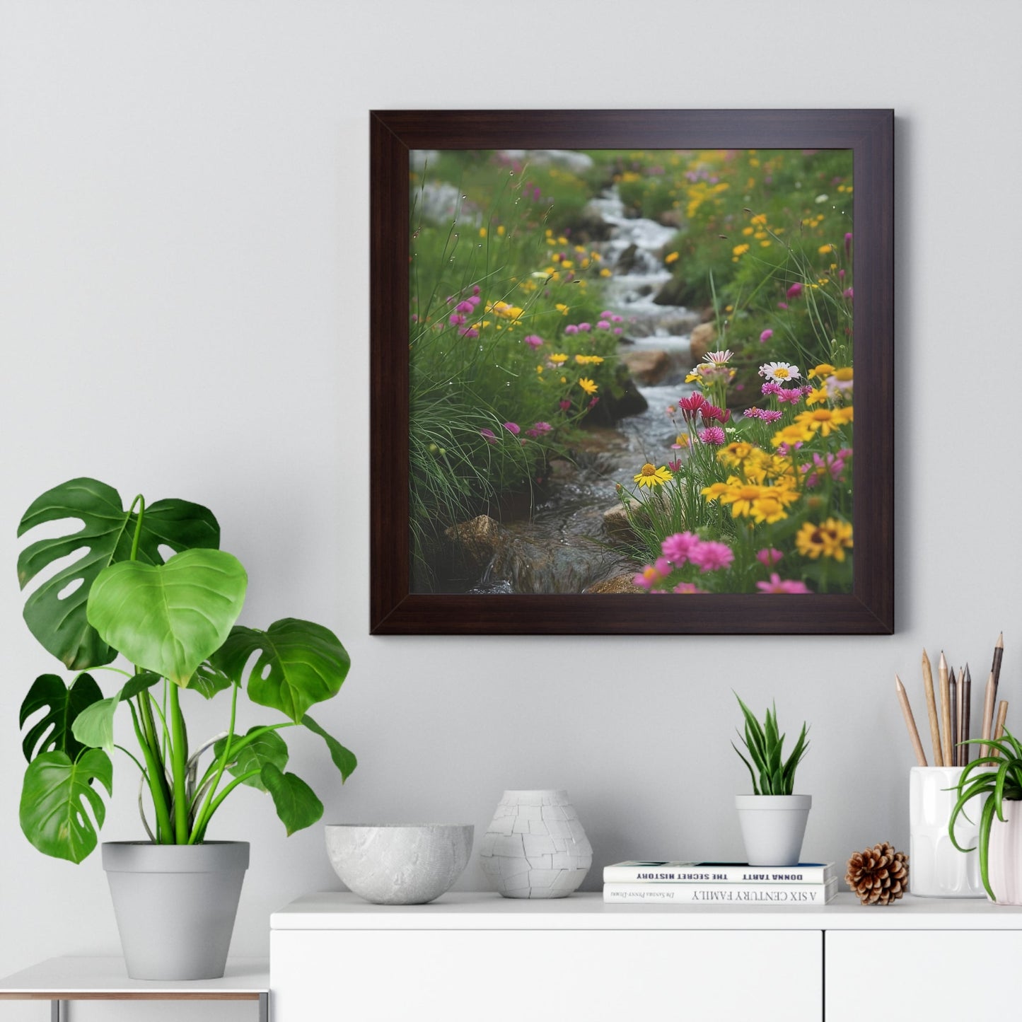 Pink and Yellow Wildflowers by the Stream Framed Vertical Poster