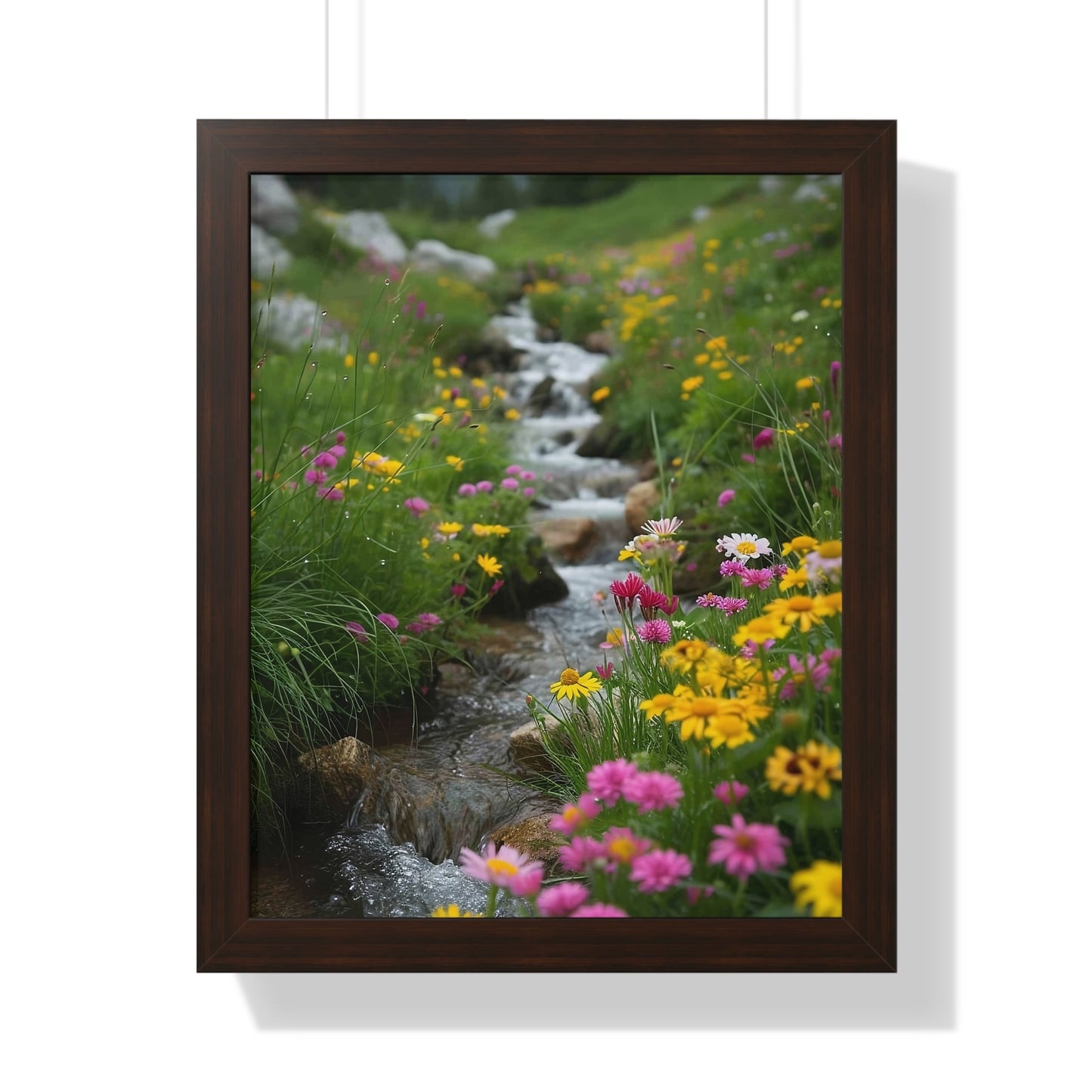 Pink and Yellow Wildflowers by the Stream Framed Vertical Poster