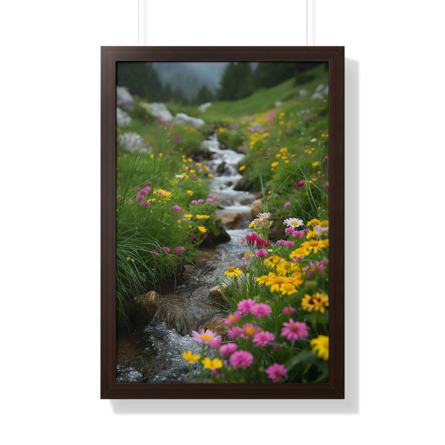 Pink and Yellow Wildflowers by the Stream Framed Vertical Poster