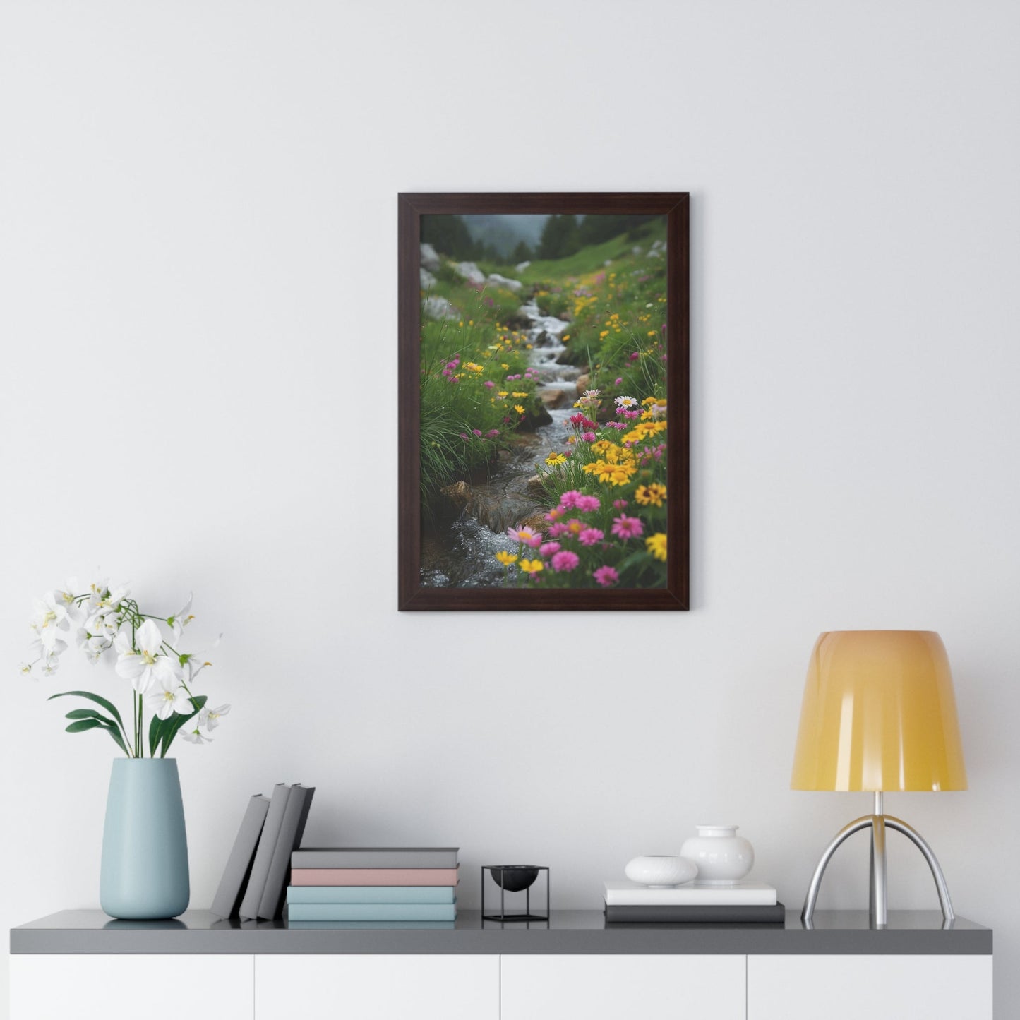 Pink and Yellow Wildflowers by the Stream Framed Vertical Poster