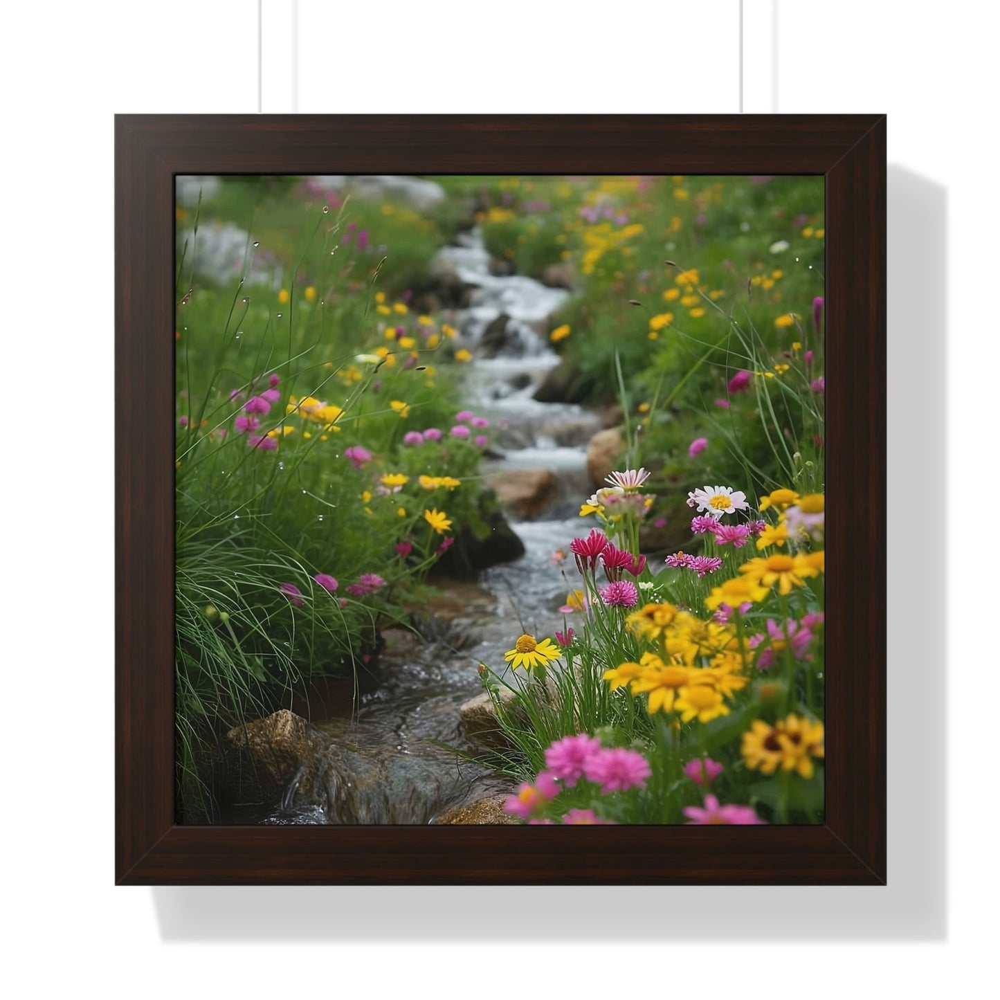 Pink and Yellow Wildflowers by the Stream Framed Vertical Poster