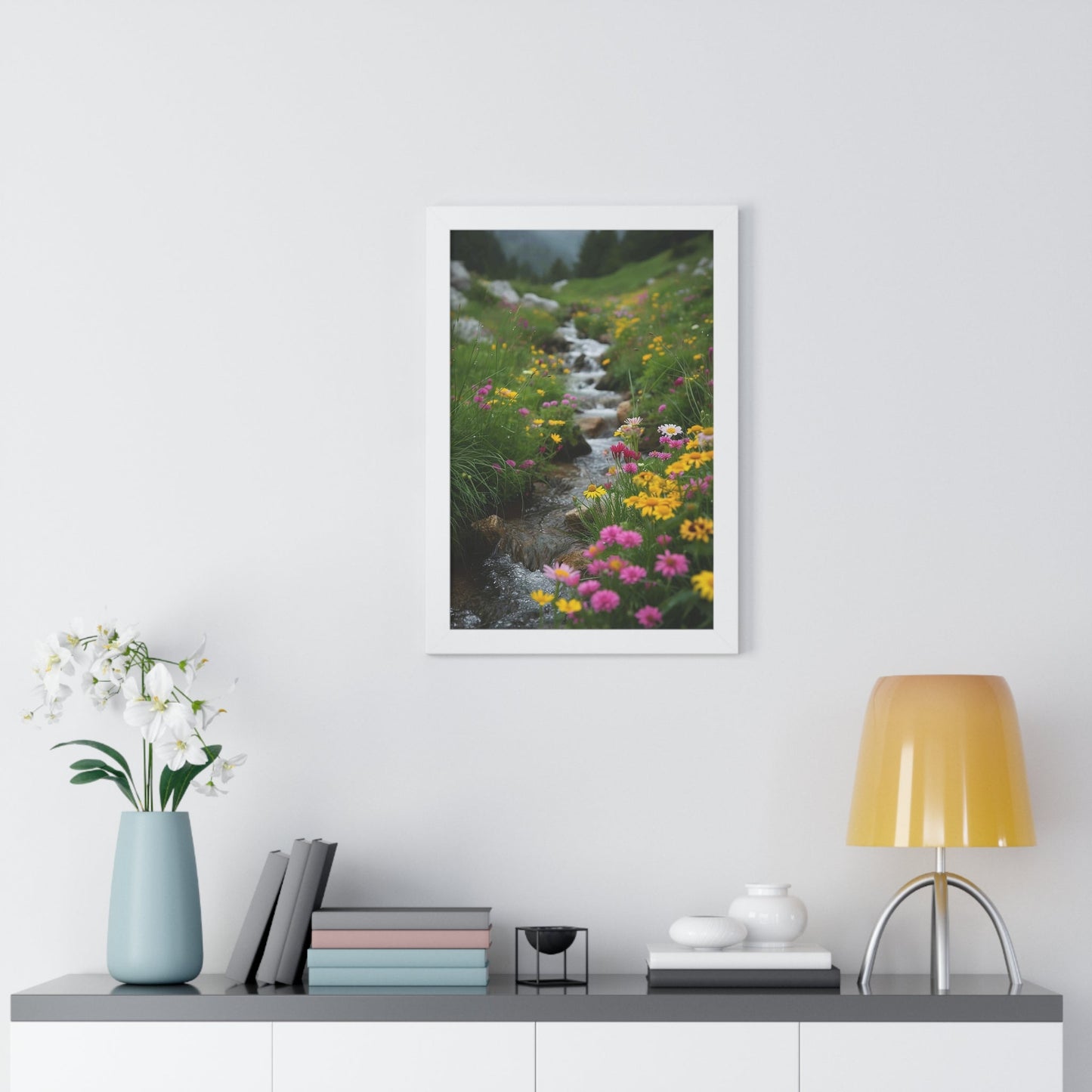Pink and Yellow Wildflowers by the Stream Framed Vertical Poster
