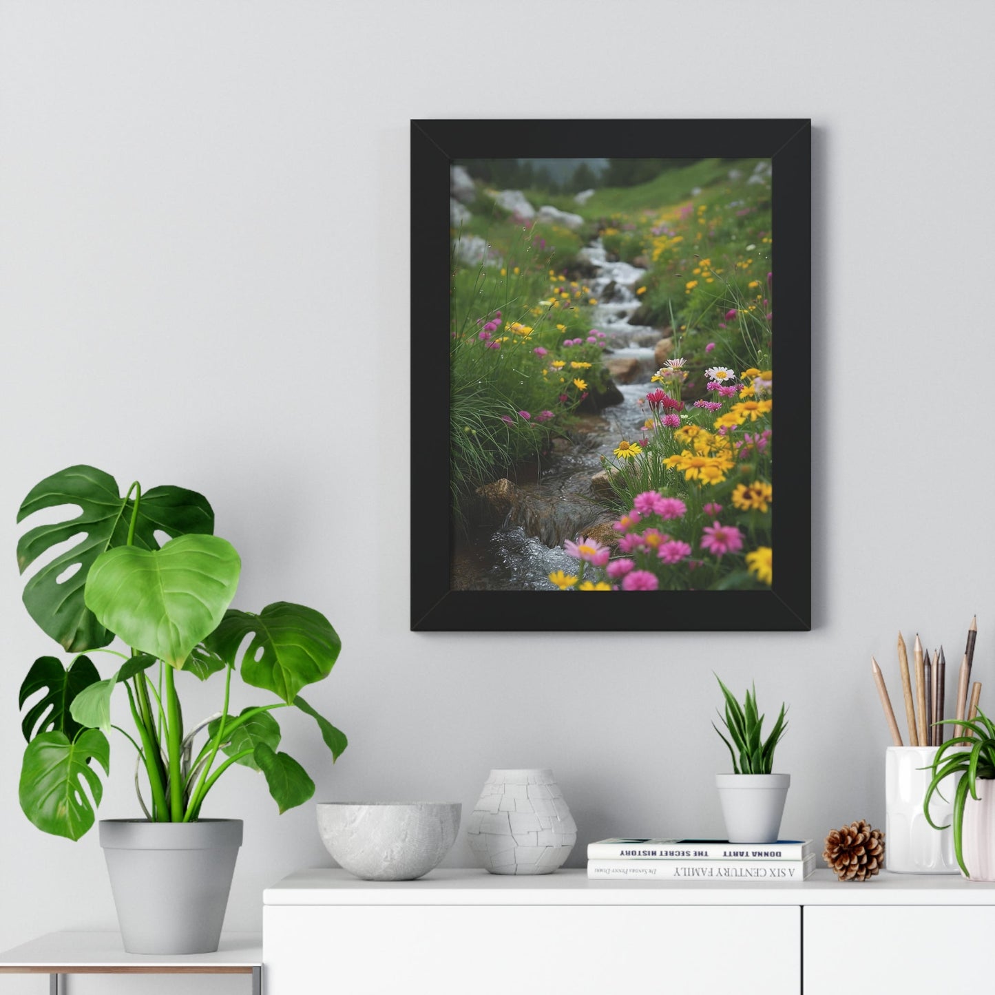 Pink and Yellow Wildflowers by the Stream Framed Vertical Poster