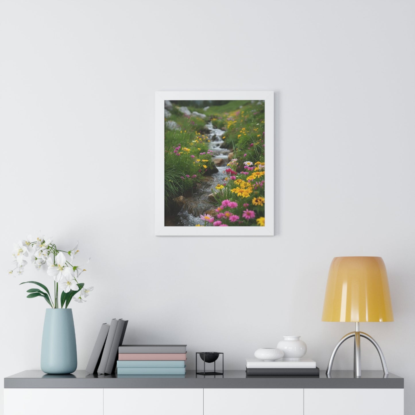 Pink and Yellow Wildflowers by the Stream Framed Vertical Poster