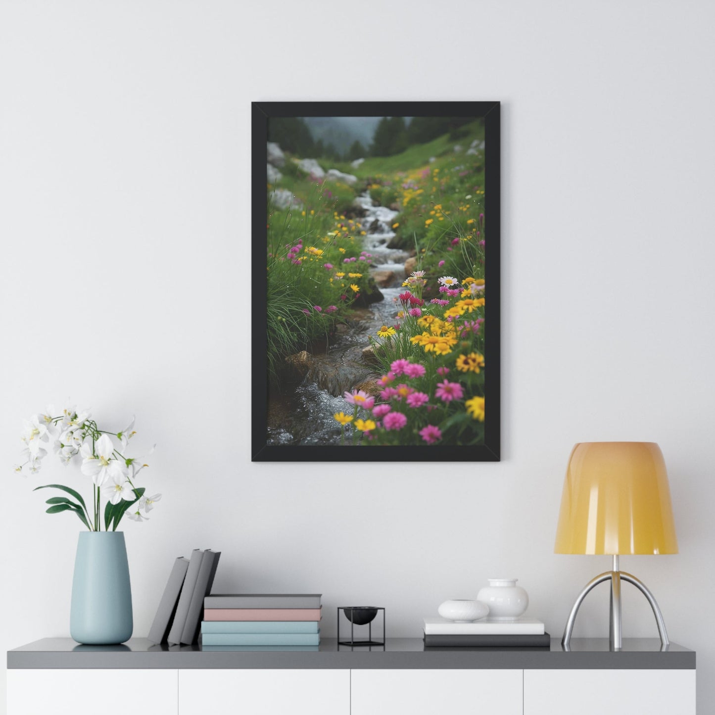Pink and Yellow Wildflowers by the Stream Framed Vertical Poster