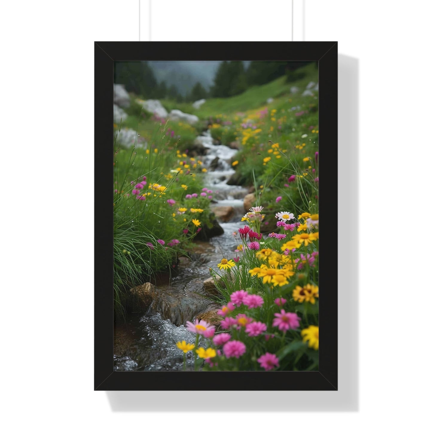 Pink and Yellow Wildflowers by the Stream Framed Vertical Poster