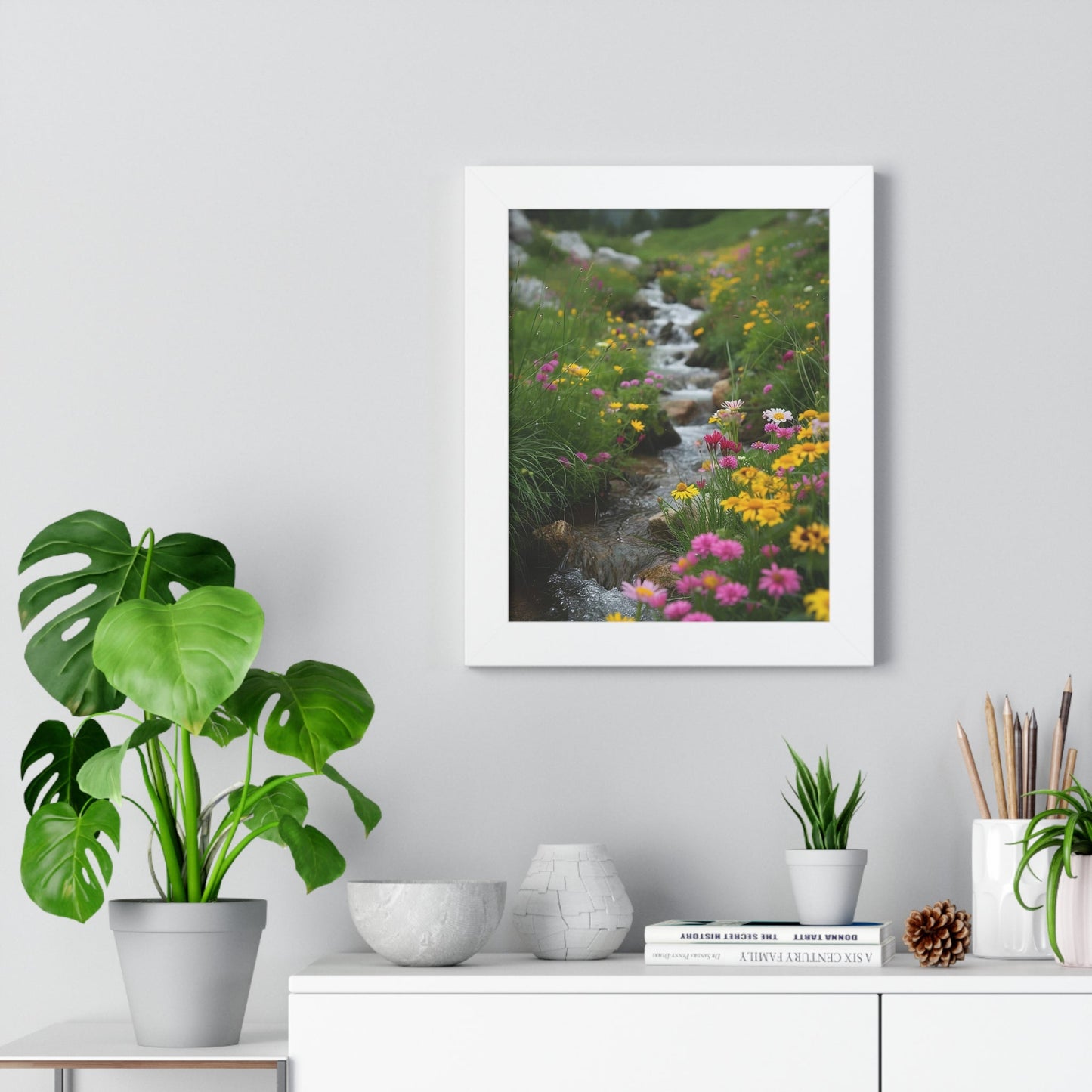 Pink and Yellow Wildflowers by the Stream Framed Vertical Poster