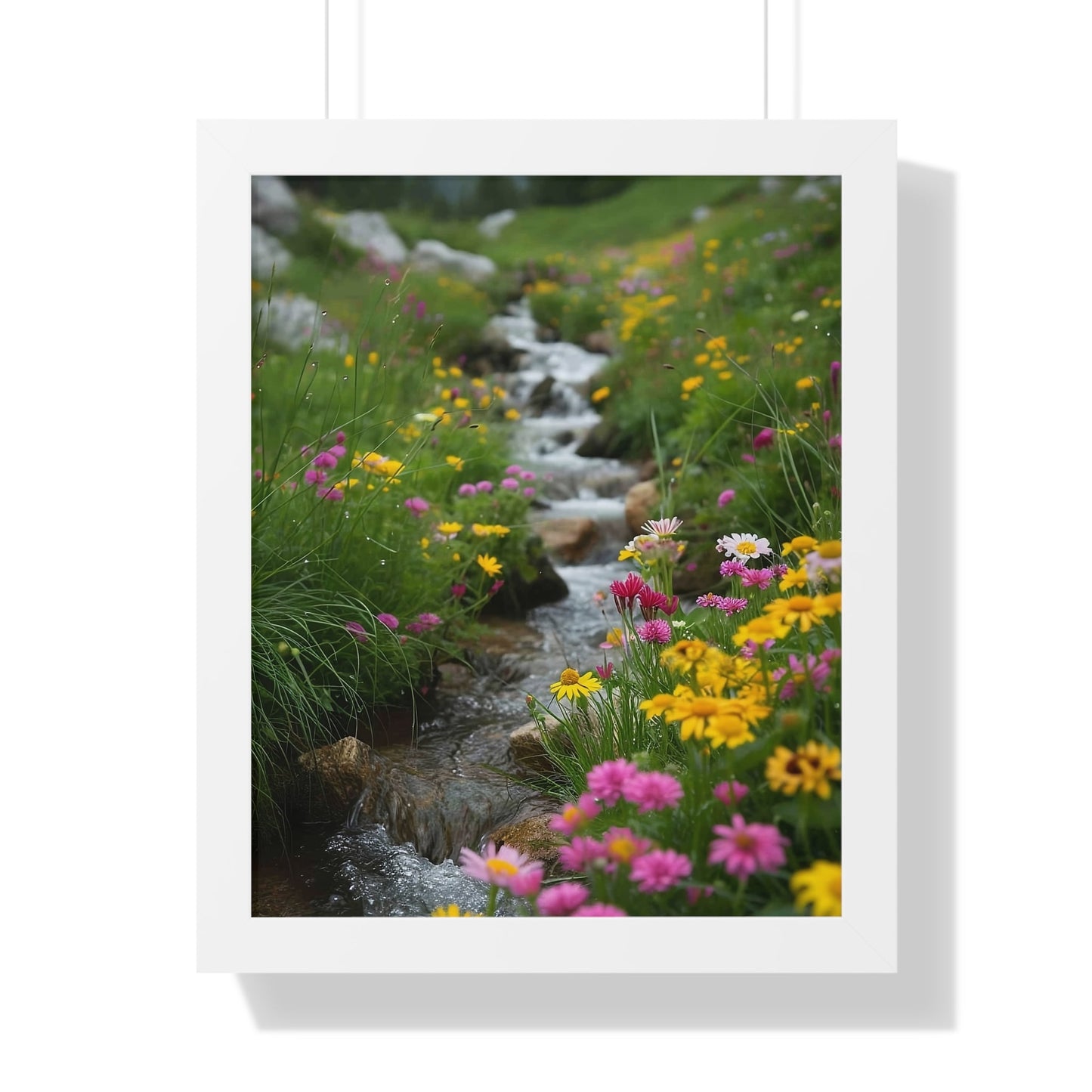 Pink and Yellow Wildflowers by the Stream Framed Vertical Poster