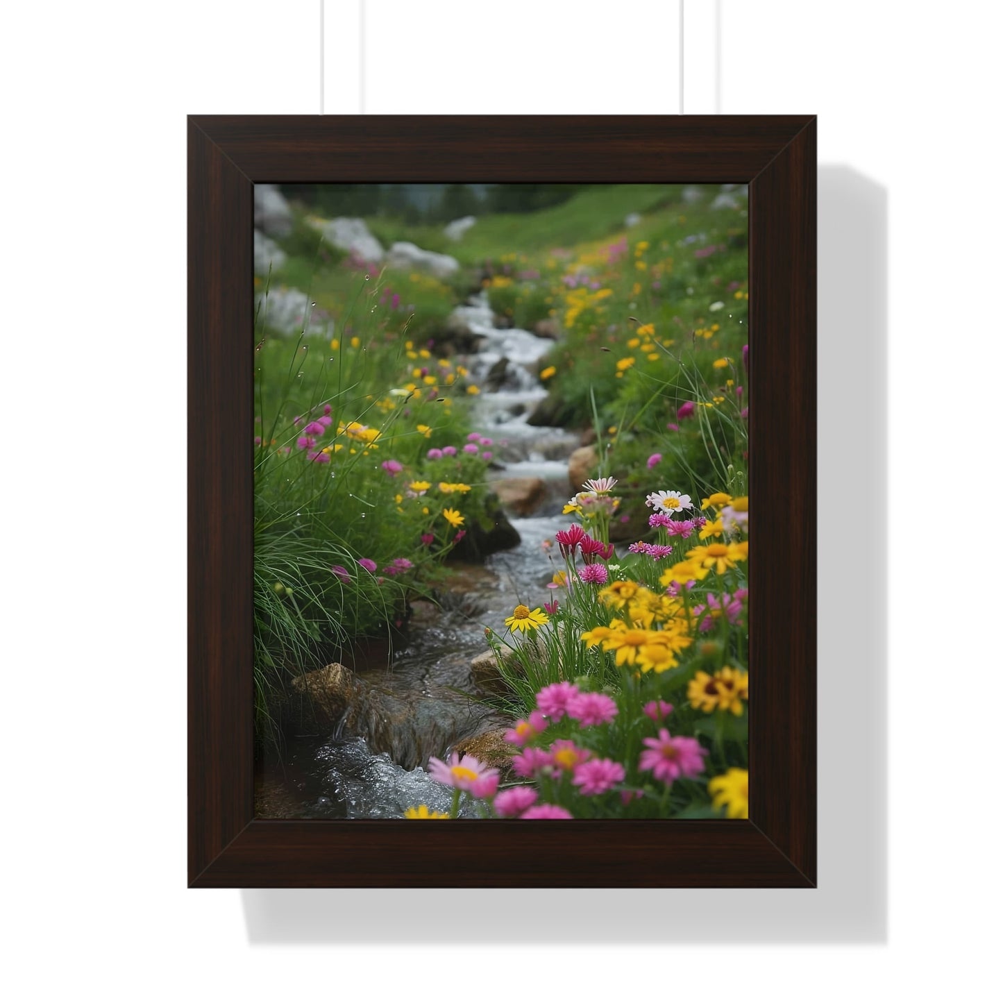 Pink and Yellow Wildflowers by the Stream Framed Vertical Poster