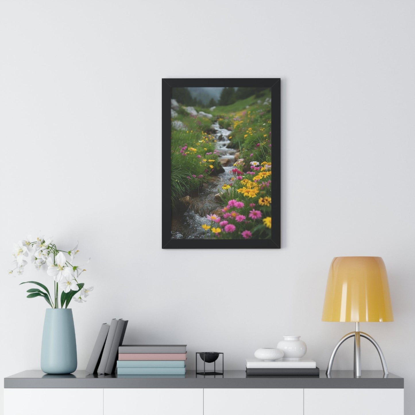 Pink and Yellow Wildflowers by the Stream Framed Vertical Poster
