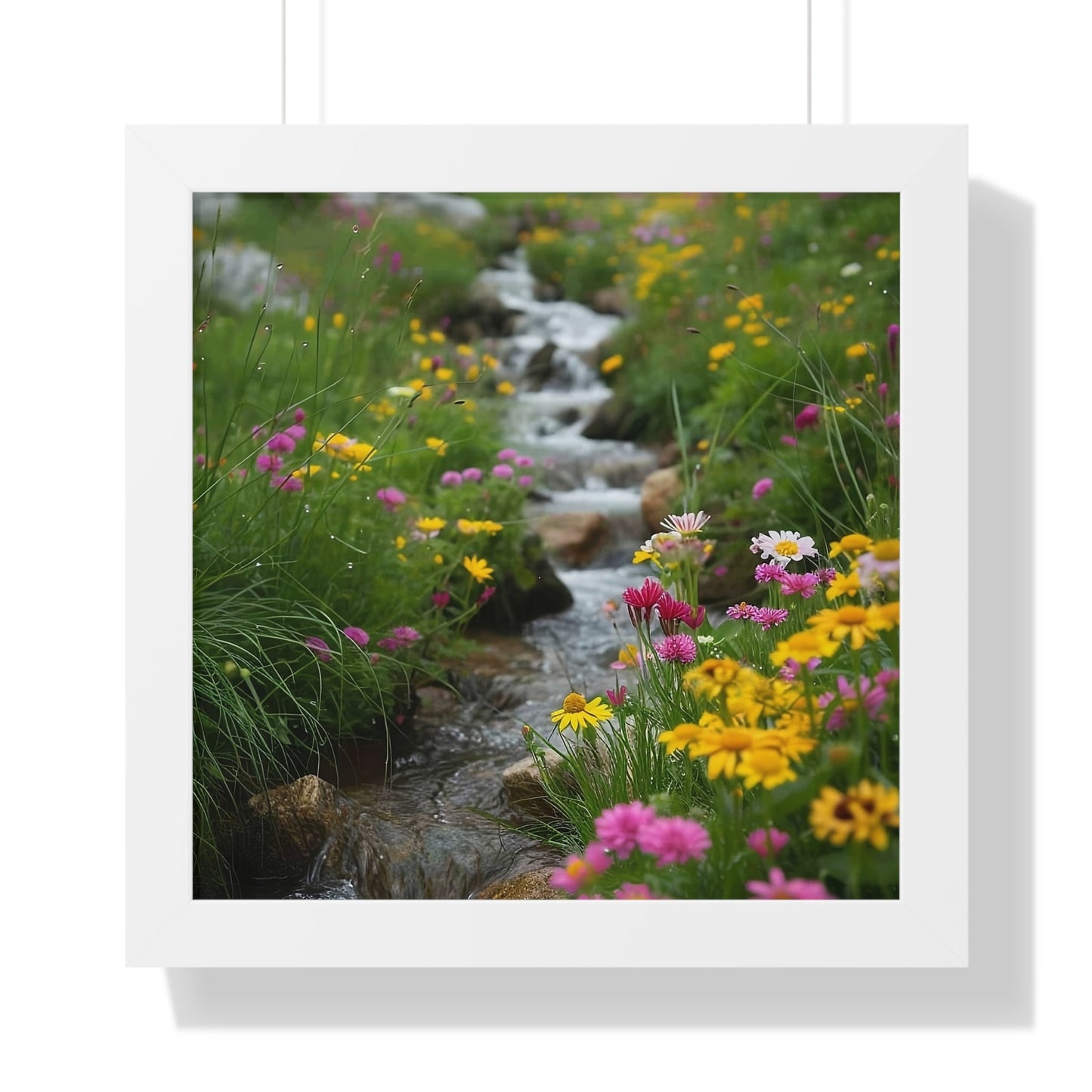 Pink and Yellow Wildflowers by the Stream Framed Vertical Poster