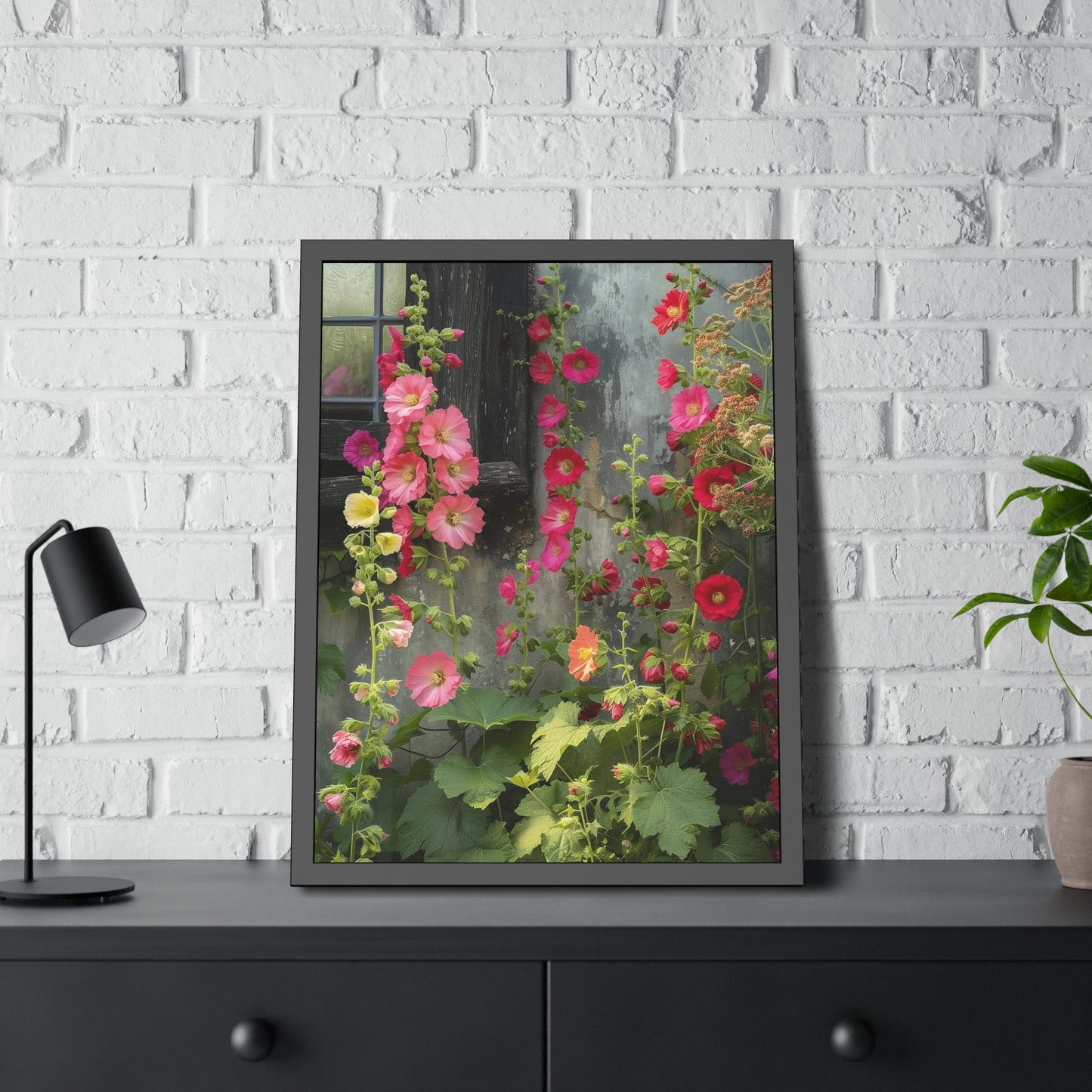 Rustic Hollyhocks Framed Paper Posters