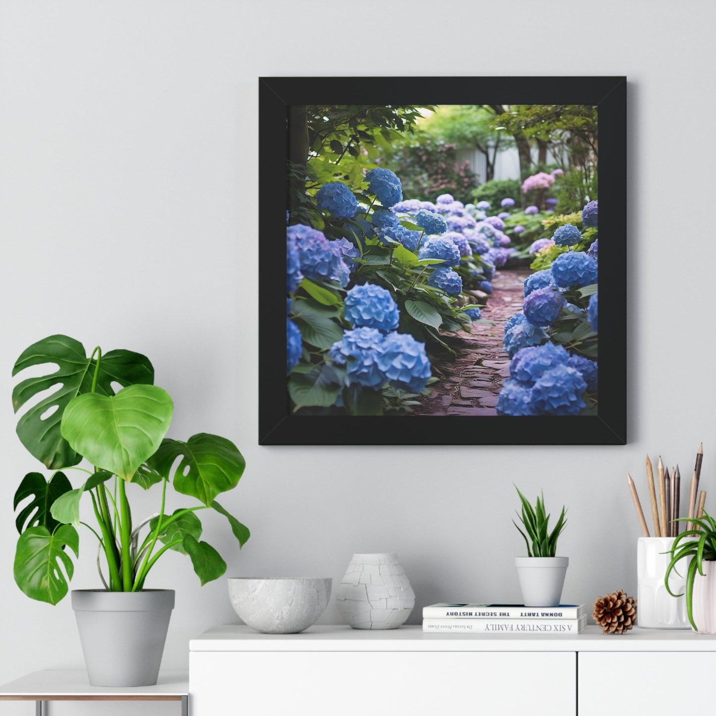Blue Hydrangea Garden Framed Vertical Poster