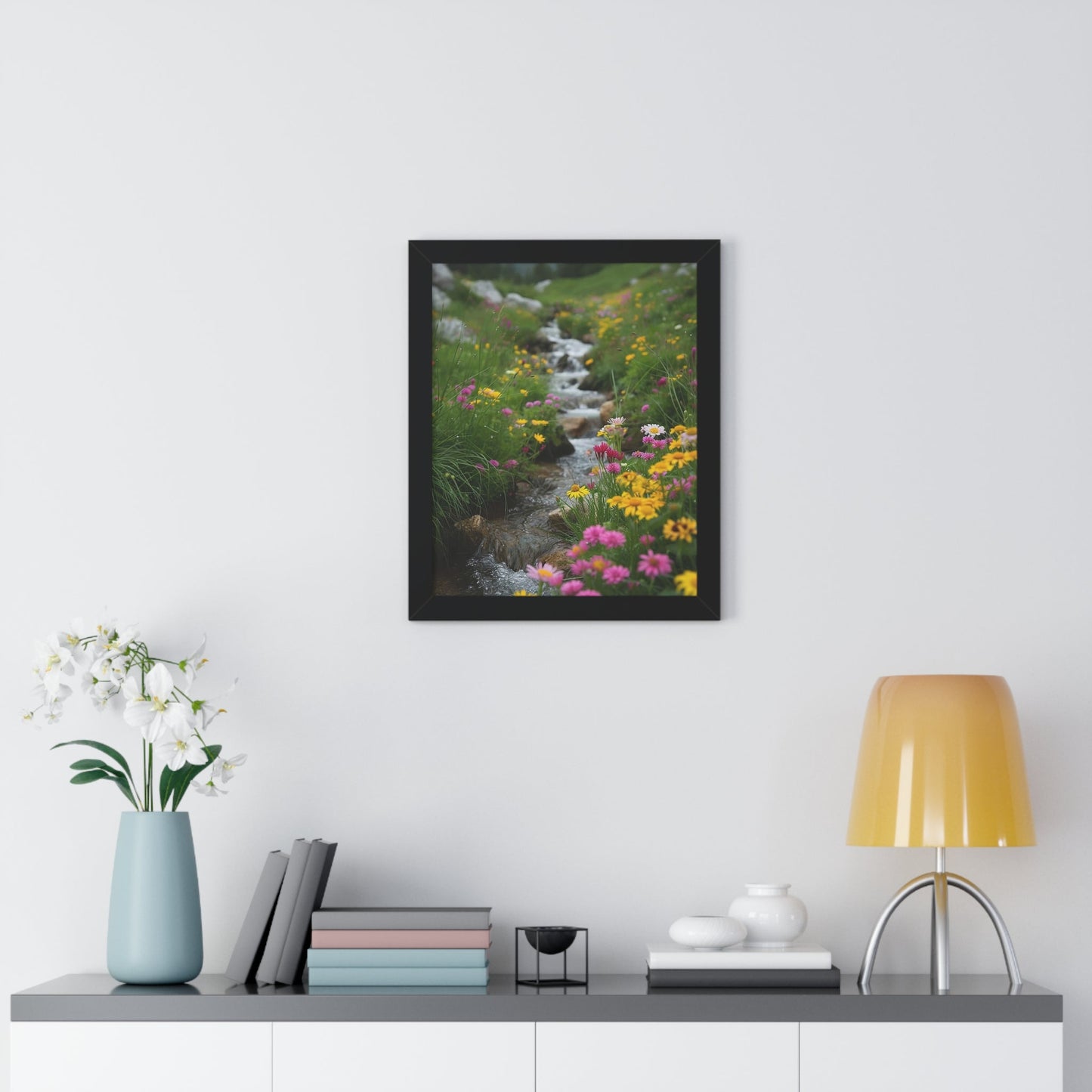 Pink and Yellow Wildflowers by the Stream Framed Vertical Poster