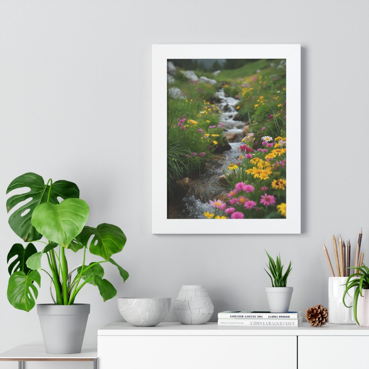 Pink and Yellow Wildflowers by the Stream Framed Vertical Poster