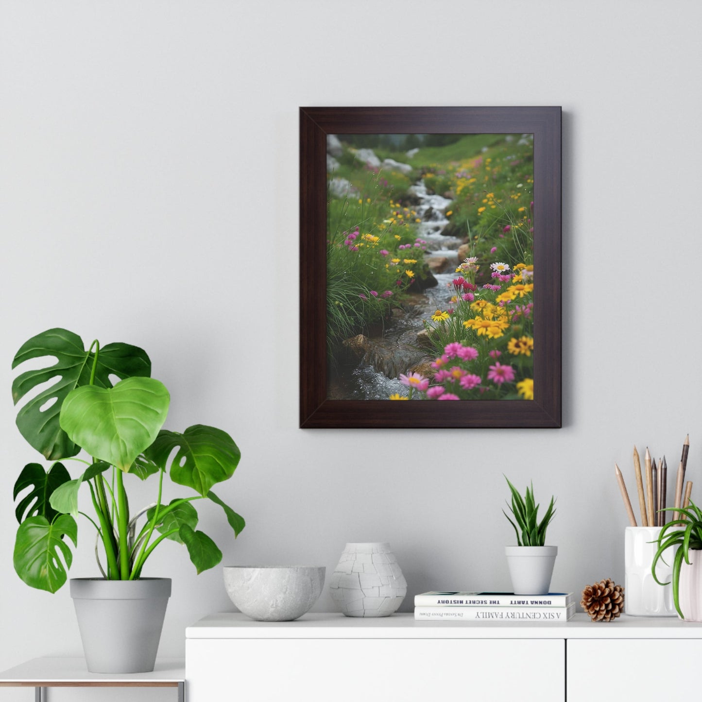Pink and Yellow Wildflowers by the Stream Framed Vertical Poster