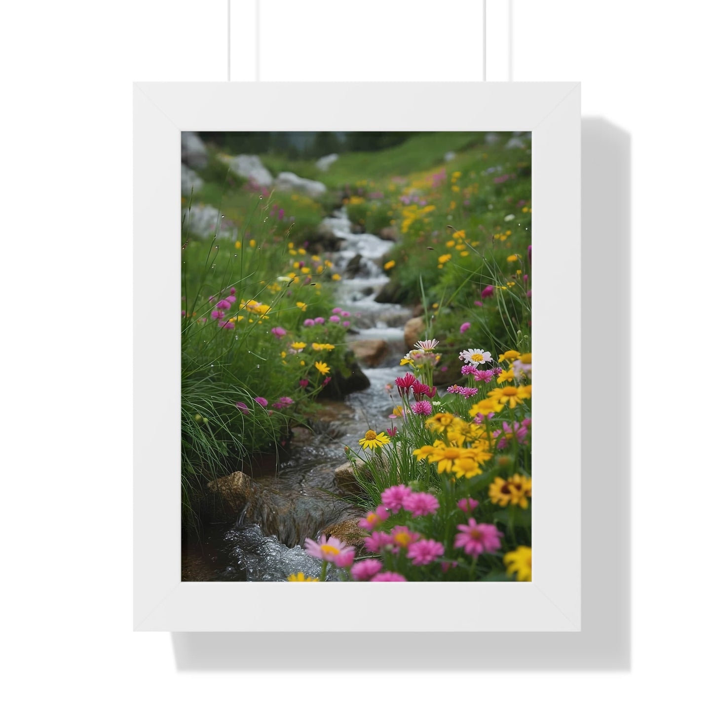 Pink and Yellow Wildflowers by the Stream Framed Vertical Poster