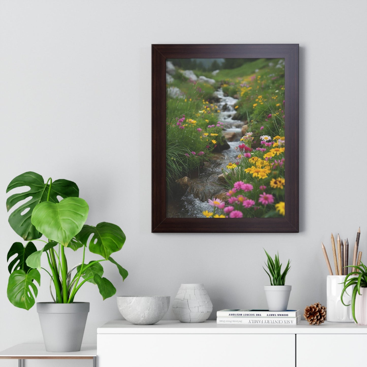 Pink and Yellow Wildflowers by the Stream Framed Vertical Poster